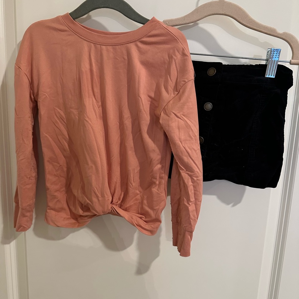 Copper Key Orange Pink Long Sleeve Tie Front Shirt with Black Velvet Skirt